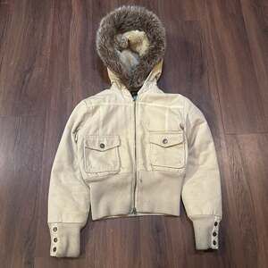 Vintage Steve Madden Y2K Fur Trim Hooded Bomber Jacket Tan